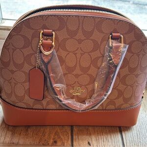 Coach Tan/Brown Signature Dome Satchel with Leather Trim